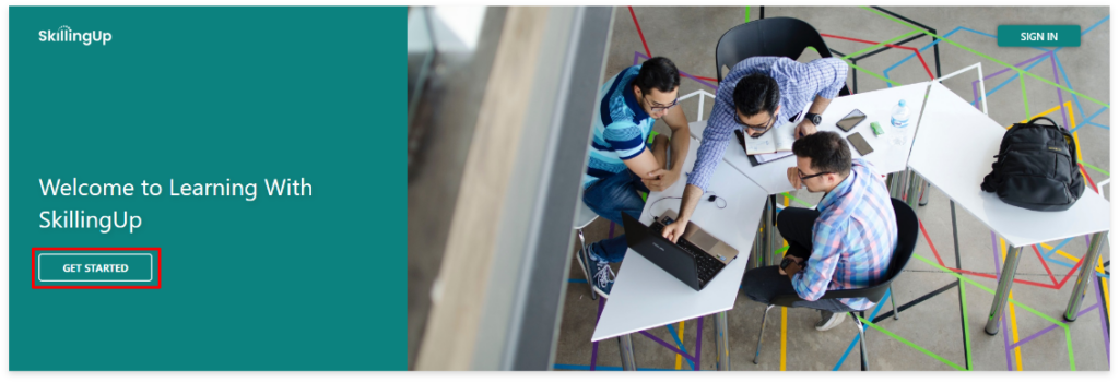 Screenshot of the Welcome header with the "Get Started" button on the left - three students looking at a laptop