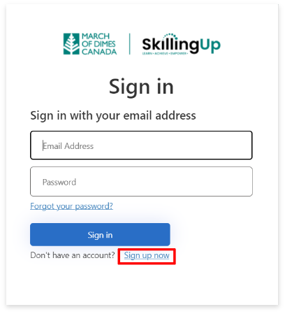 Sign in display box. "Sign up now" text link under the "Sign In" button is highlighted