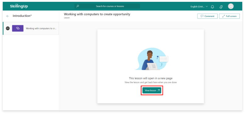 Screenshot of Lesson page with illustration of person in front of laptop and green "View Lesson" button