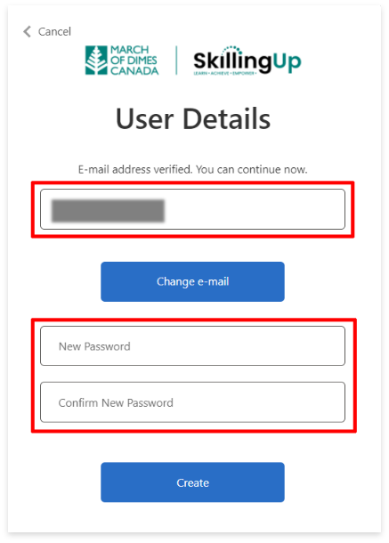 User Details screen with Email address box and "New Password" and "Confirm New Password" text boxes highlighted.