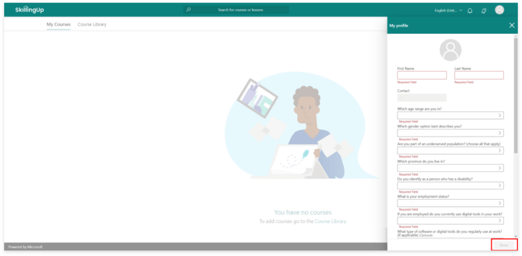SkillingUp logged in landing page with "My Courses" underlined on top-left menu and "My profile" tab on right-side of page