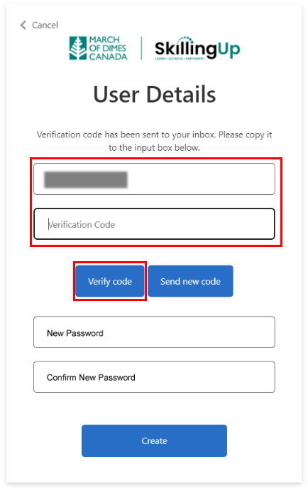 Use Details screen with email box, verification code box, and blue "Verify code" button highlighted