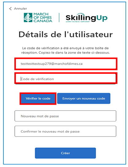 Capture d’écran avec le titre Détails de l’utilisateur. Les champs Adresse de courriel et Code de vérification, et le bouton bleu Vérifier le code sont mis en évidence.