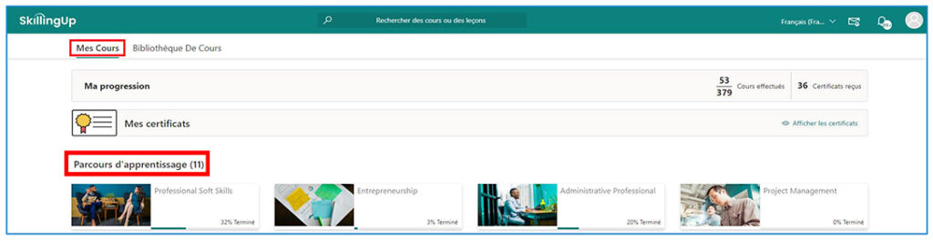 Page avec le titre Mes cours en haut et un parcours d’apprentissage mis en évidence dans le coin inférieur gauche.