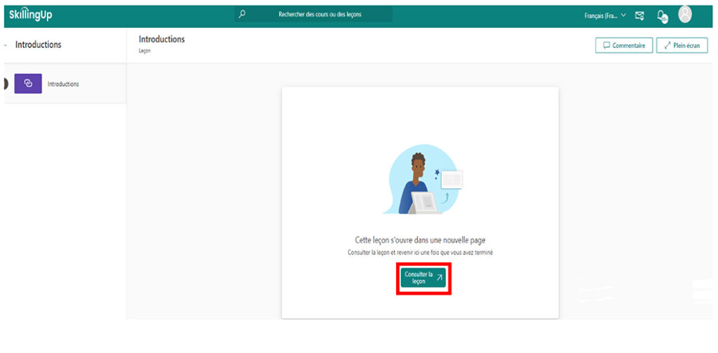 Page d’une leçon avec une personne devant un ordinateur et le bouton vert Consultez la leçon, qui est mis en évidence.