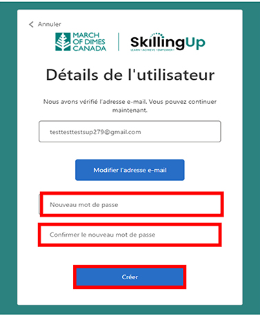 Capture d’écran avec le titre Détails de l’utilisateur. Les champs Adresse de courriel », Nouveau mot de passe et Confirmer le nouveau mot de passe sont mis en évidence.